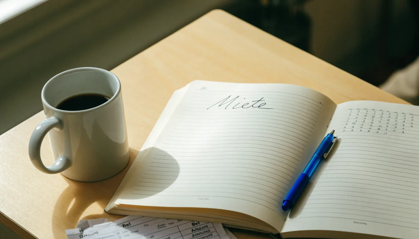 Ein aufgeschlagenes Notizbuch mit handschriftlichen Notizen und ein Kugelschreiber liegen auf einem hellen Schreibtisch neben einer Kaffeetasse.