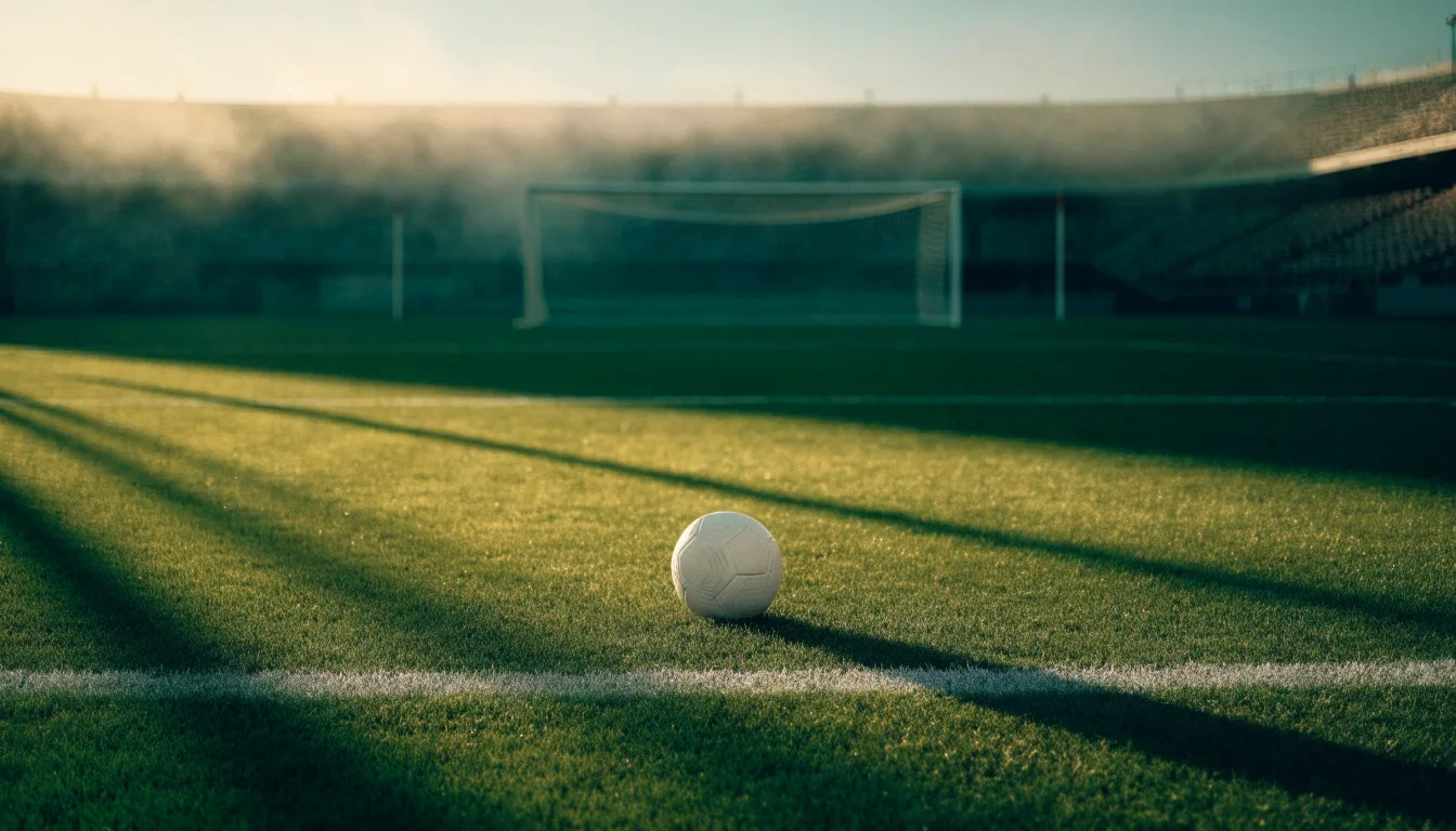 Ein Fußball liegt auf dem Elfmeterpunkt eines leeren Rasenplatzes, im Hintergrund eine Tribüne im Dunst.
