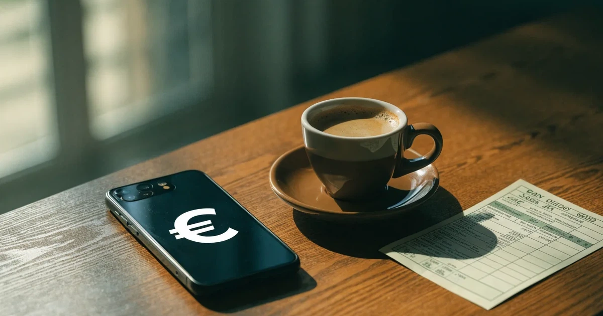 Zwei Euro-Scheine und ein Smartphone liegen auf einem Holztisch neben einer Tasse, im Hintergrund ein unscharfes Fenster.