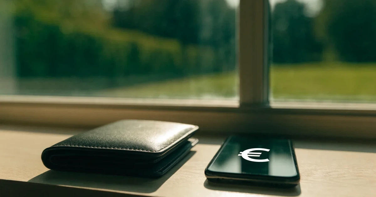 Eine Geldbörse aus Leder liegt geöffnet neben einem Smartphone auf einer Fensterbank, im Hintergrund ein Garten im Gegenlicht.