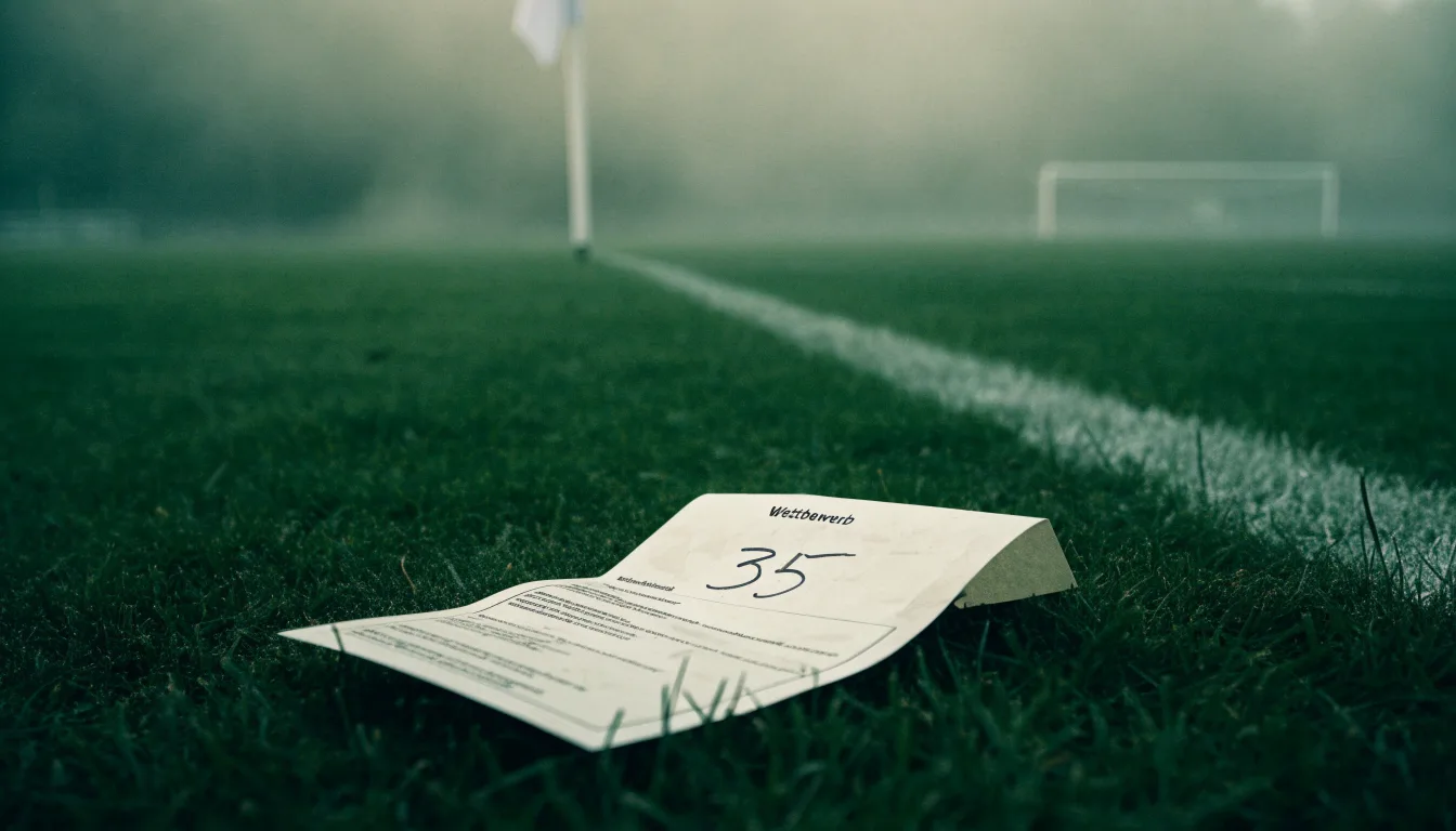 Der Rand eines Spielfelds mit weißer Linie und Eckfahne bei Nebel am frühen Morgen, ohne Menschen.