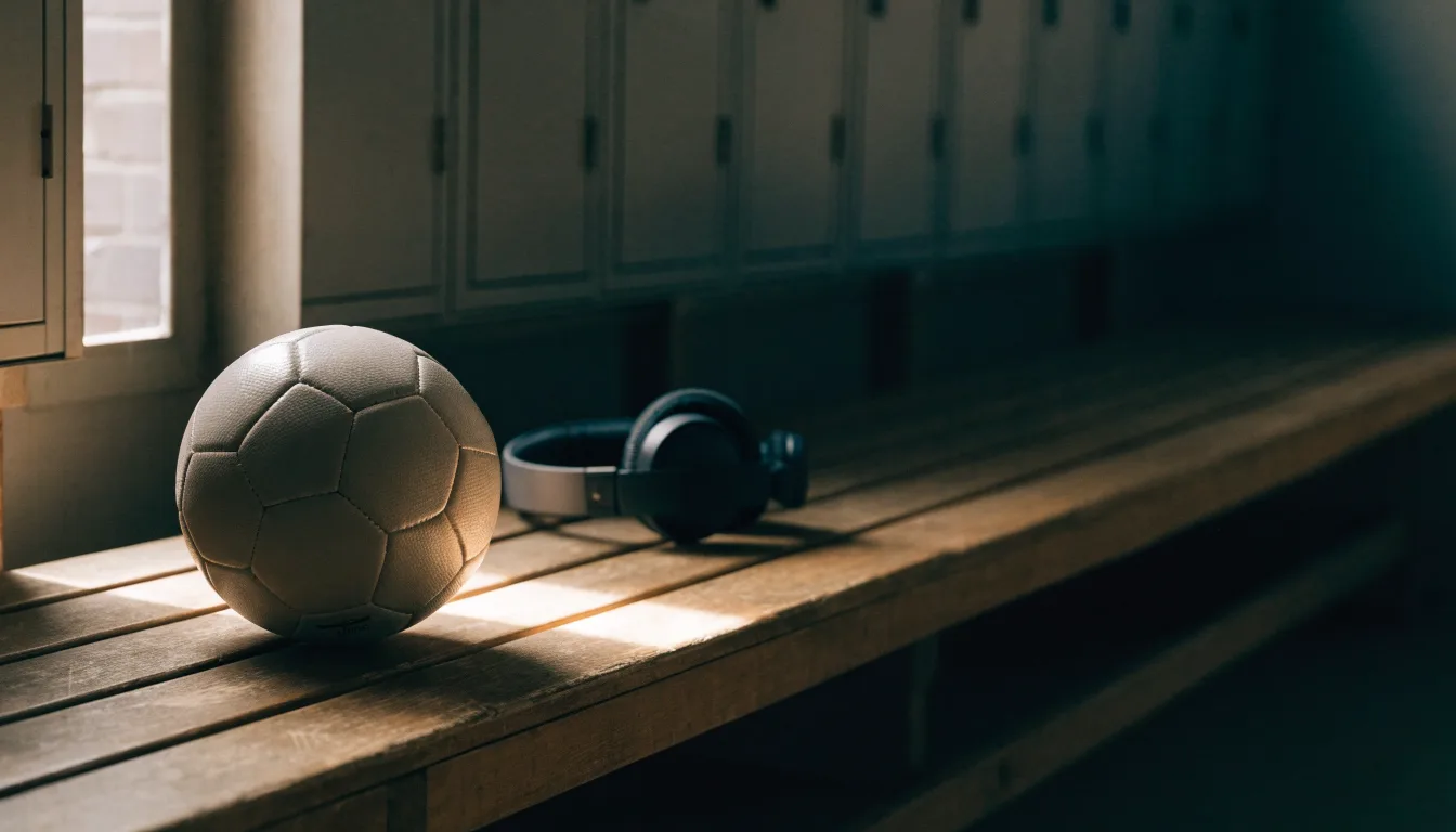 Ein Fußball liegt neben Kopfhörern auf einer Holzbank in einer Umkleide, Licht fällt durch ein schmales Fenster.