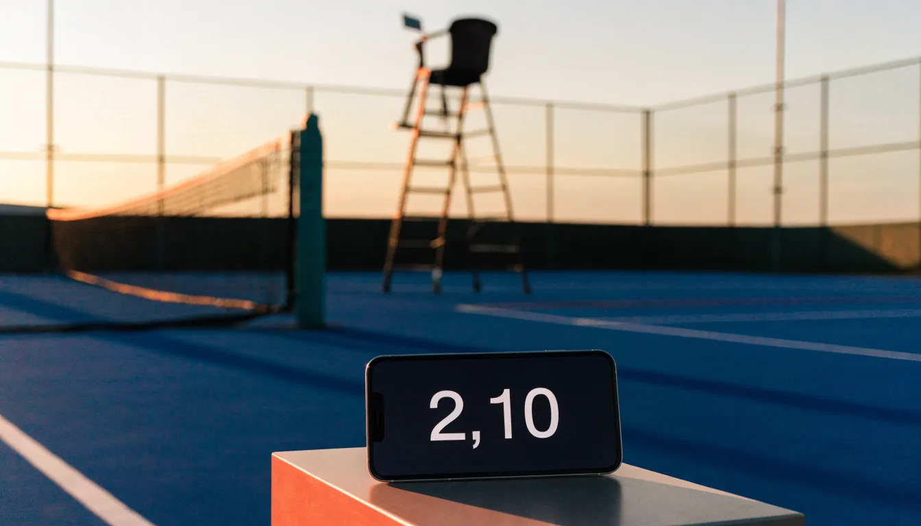 Ein leerer Schiedsrichterstuhl am Spielfeldrand eines Tennisplatzes im Abendlicht, lange Schatten auf dem Belag.