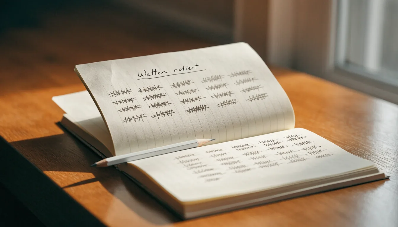 Ein handschriftlich geführtes Heft mit Strichlisten liegt neben einem Bleistift auf einem Tisch, seitlich fällt Tageslicht herein.