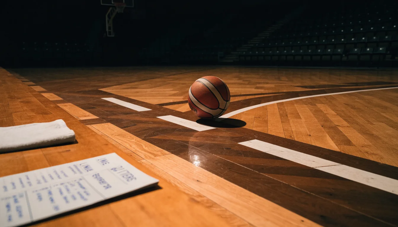 Ein Basketball liegt auf der Freiwurflinie einer Halle, im Vordergrund ein Handtuch auf einer Bank.