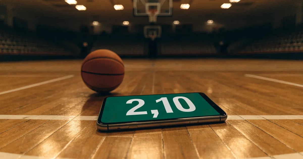Eine leere Basketballhalle mit glänzendem Parkett und einem Korb im Hintergrund, Licht von Deckenstrahlern spiegelt sich im Boden.