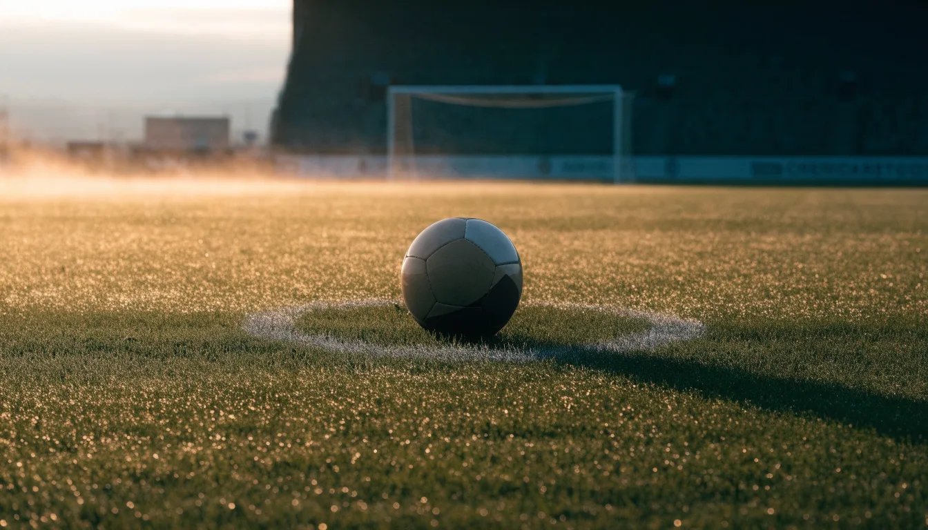 Ein Fußball liegt auf dem Anstoßpunkt eines Rasens bei Sonnenaufgang, Tau glitzert auf den Halmen.