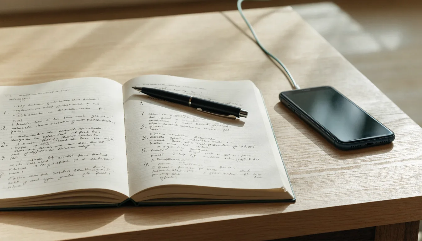 Ein Notizbuch mit handschriftlichen Notizen und ein Kugelschreiber liegen neben einem Smartphone mit dunklem Display auf einem Holztisch.