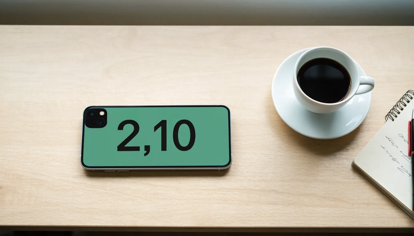 Ein Smartphone mit dunklem Display liegt neben einer Kaffeetasse und einem Notizblock auf einem hellen Tisch.