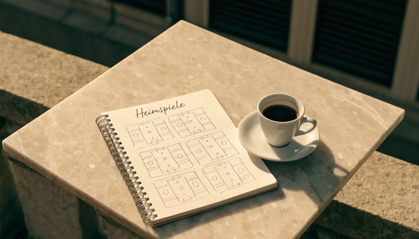 Eine Espressotasse steht auf einem kleinen Marmortisch einer Terrasse, daneben ein Notizheft mit handschriftlichen Skizzen.