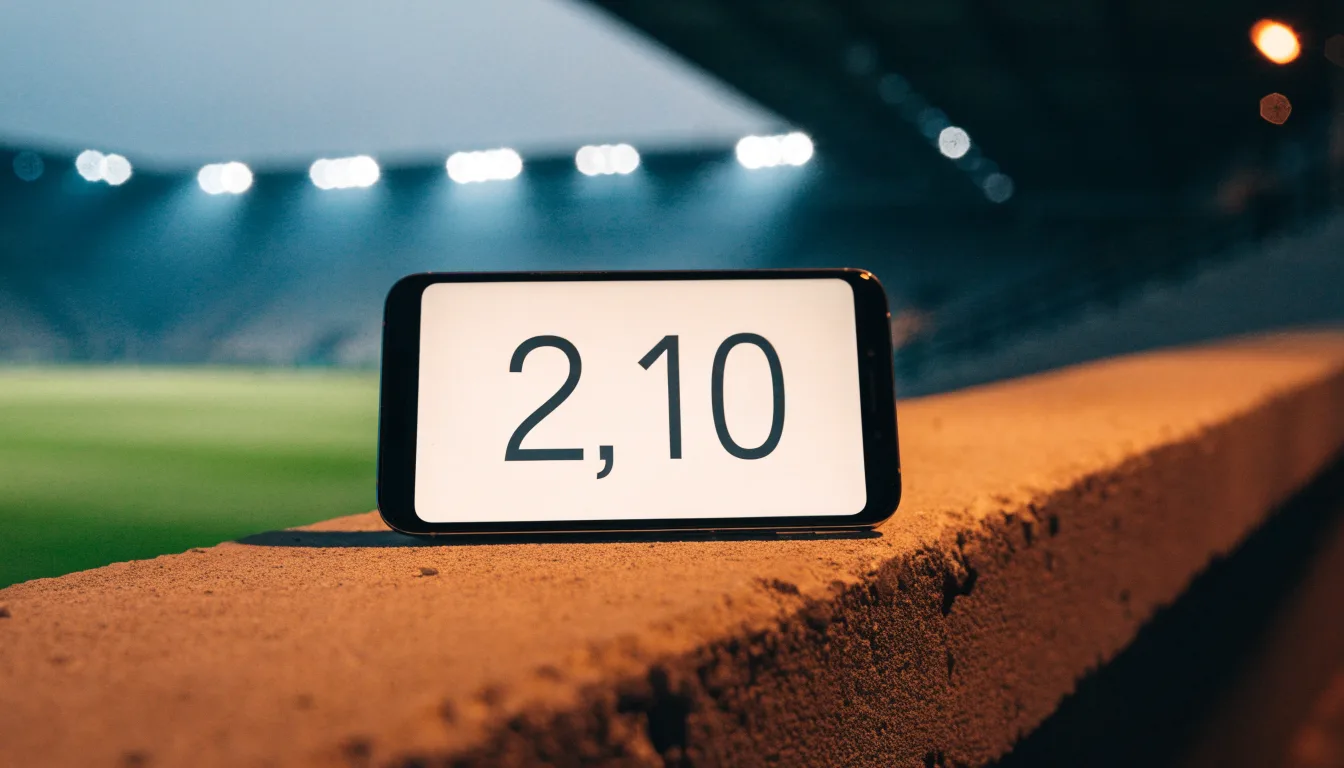Eine leere Stadiontribüne unter Flutlicht aus der Ferne betrachtet, die Rasenfläche leuchtet grün in der Dämmerung.