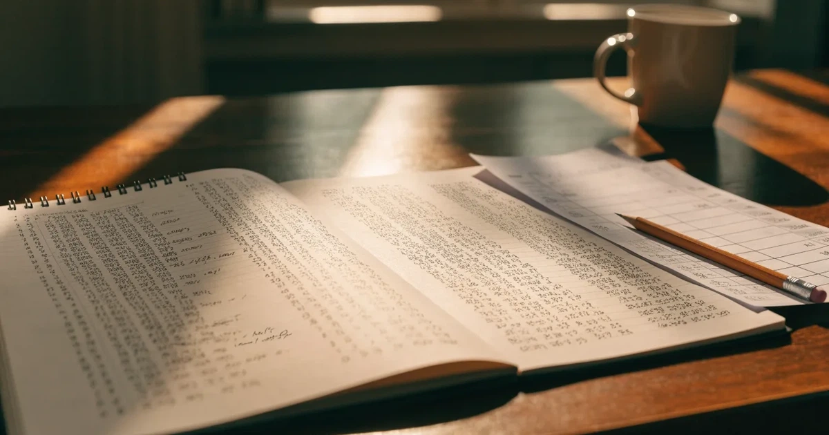 Ein aufgeschlagenes Notizbuch mit handschriftlichen Zahlenreihen und ein Bleistift liegen neben einem Taschenrechner auf einem Schreibtisch.