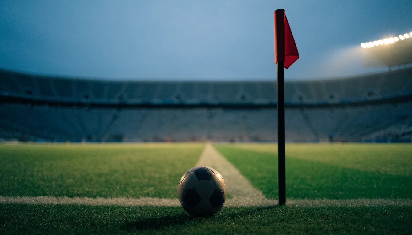 Ein Fußball liegt neben einem Eckfahnen-Pfosten auf einem Rasenplatz, im Hintergrund ein leeres Stadion in der Dämmerung.