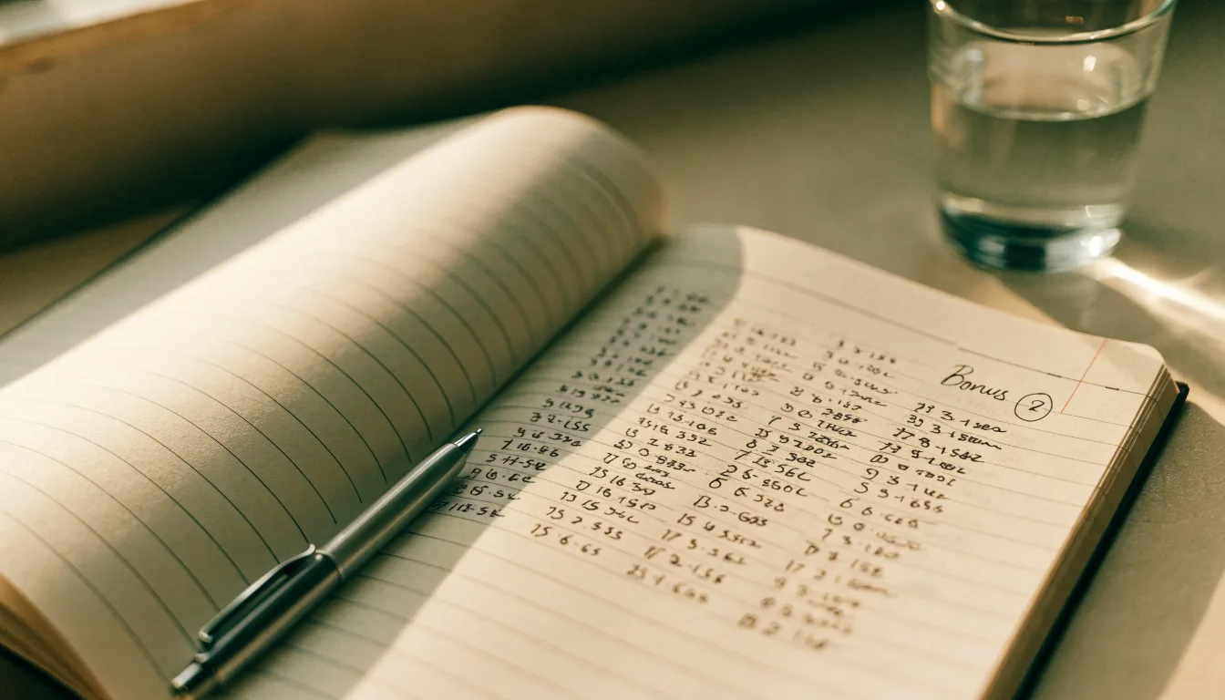 Ein Taschenrechner liegt auf einem Schreibtisch neben einem Block mit handschriftlichen Rechnungen und einem Glas Wasser.