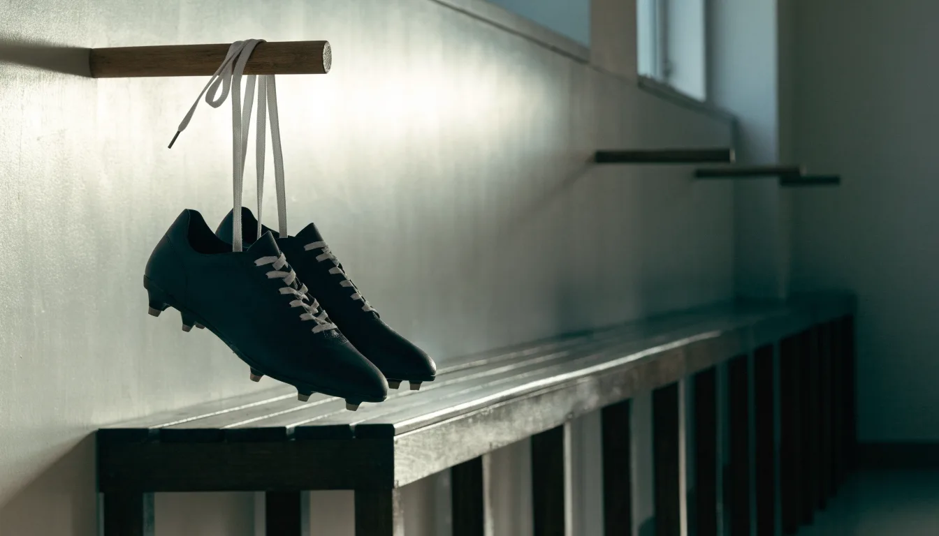 Ein Paar Fußballschuhe hängt an den Schnürsenkeln an einem Holzhaken in einer leeren Umkleidekabine.