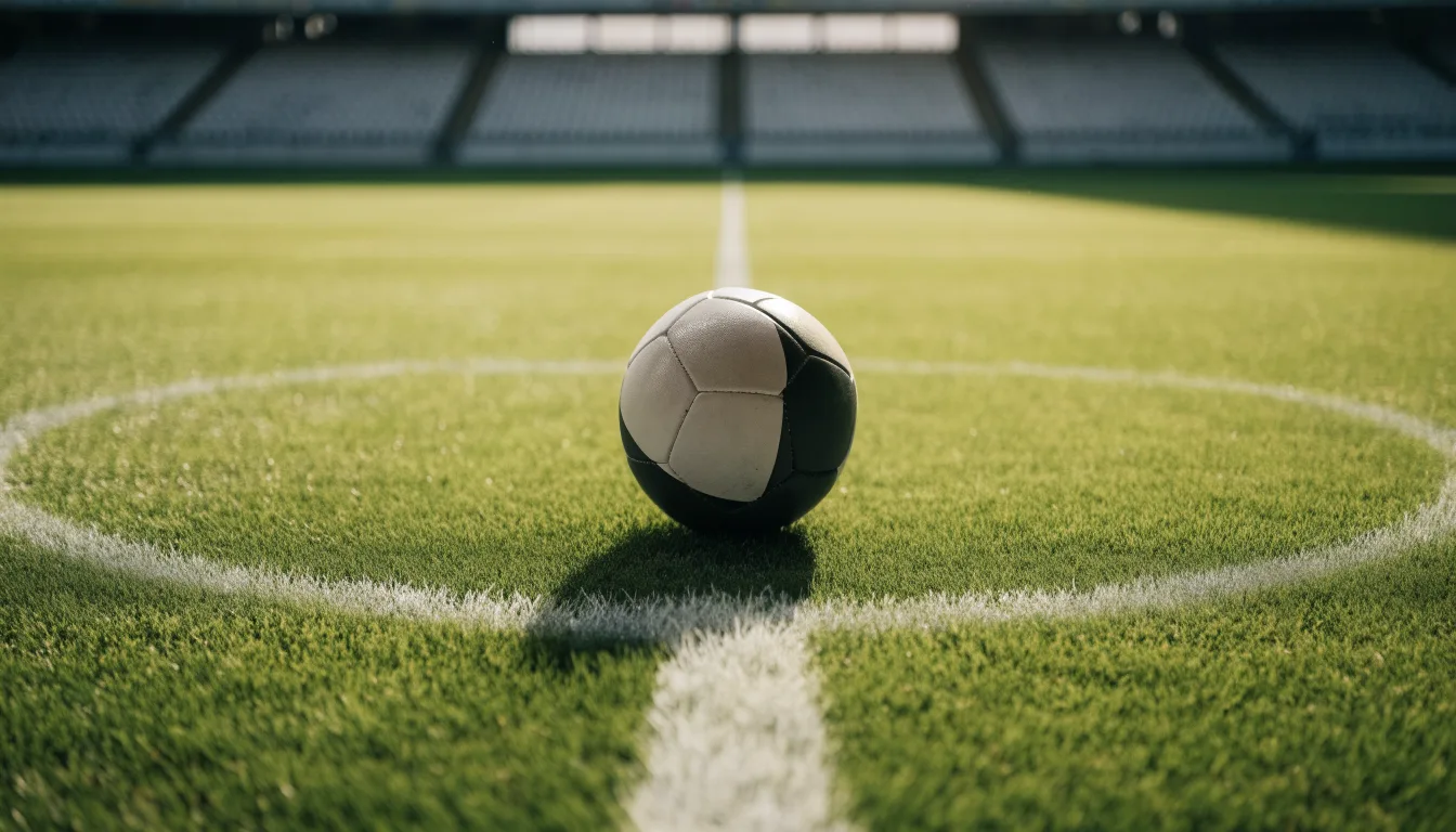 Ein Fußball liegt auf dem Rasen im Mittelkreis, die Kreidelinien führen scharf ins Bild, dahinter verschwimmt eine Tribüne.