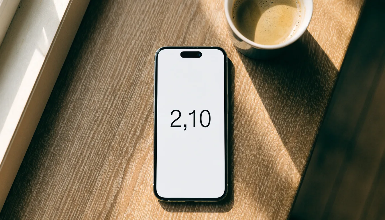 Ein Smartphone mit dunklem Display liegt neben einer Kaffeetasse auf einem Holztisch im Licht eines Fensters.