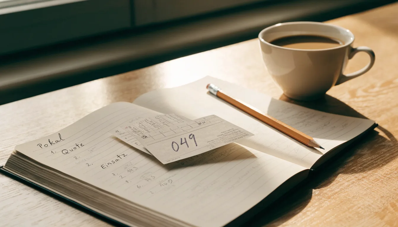 Ein aufgeschlagenes Notizbuch mit handgeschriebenen Stichpunkten und ein Bleistift liegen neben einer Kaffeetasse auf einem hellen Holztisch.