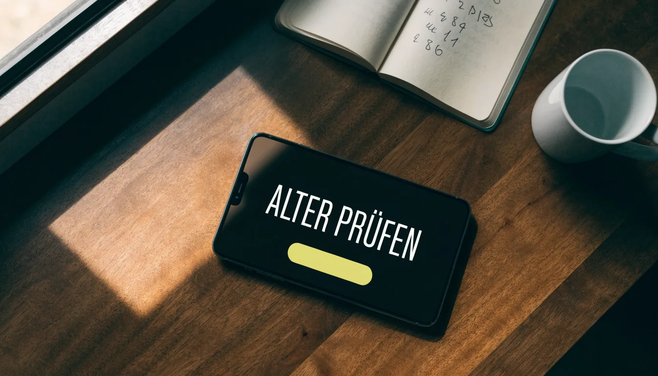 Ein Smartphone liegt mit dunklem Display auf einem Schreibtisch neben einem Notizbuch und einer Kaffeetasse.