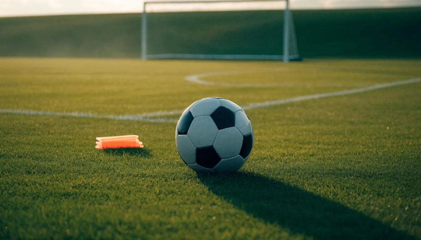 Ein Fußball liegt auf einem Rasenplatz bei Sonnenaufgang, daneben ein kleiner Stapel Trainingshütchen.