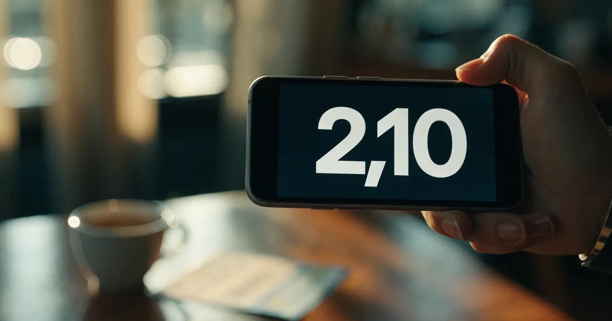 Eine Hand hält ein Smartphone mit dunklem Display, im Hintergrund unscharf ein Café-Tisch mit einer Tasse.