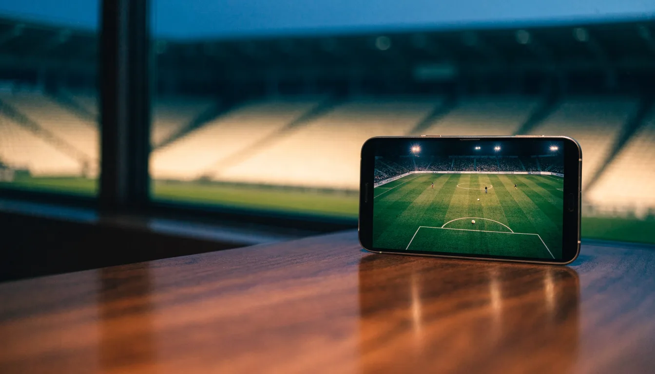 Eine leere Stadiontribüne unter Flutlicht aus der Ferne betrachtet, die Rasenfläche leuchtet grün in der Dämmerung.