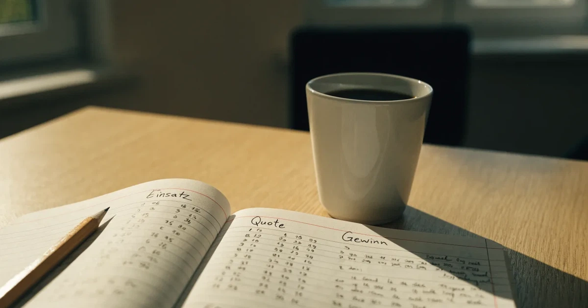 Handschriftliche Zahlenkolonnen in einem Notizbuch, daneben ein Bleistift und eine Tasse Kaffee auf hellem Holz.
