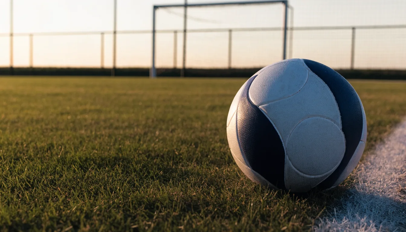Ein Fußball liegt am Rand eines Rasens neben einer weißen Linie, im Hintergrund ein Zaun in der Abendsonne.