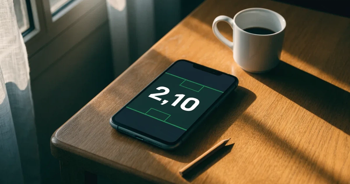 Ein Daumen schwebt über einem Smartphone mit dunklem Display, das auf einem Küchentisch neben einer Tasse liegt.