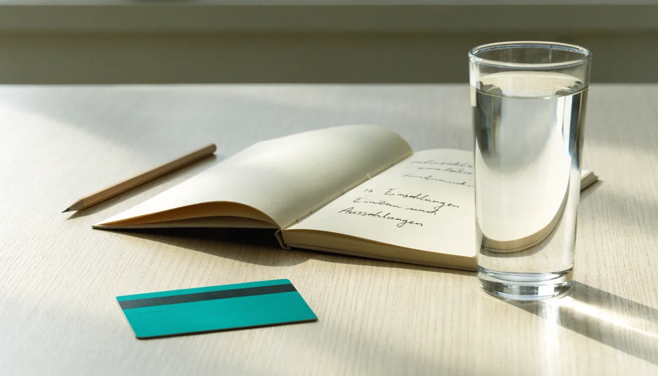 Ein Notizbuch und ein Bleistift liegen neben einem Glas Wasser auf einem hellen Tisch.