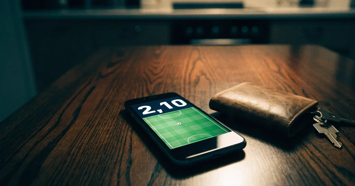 Ein Smartphone mit dunklem Display liegt neben einer Geldbörse und einem Schlüssel auf einem Tisch.