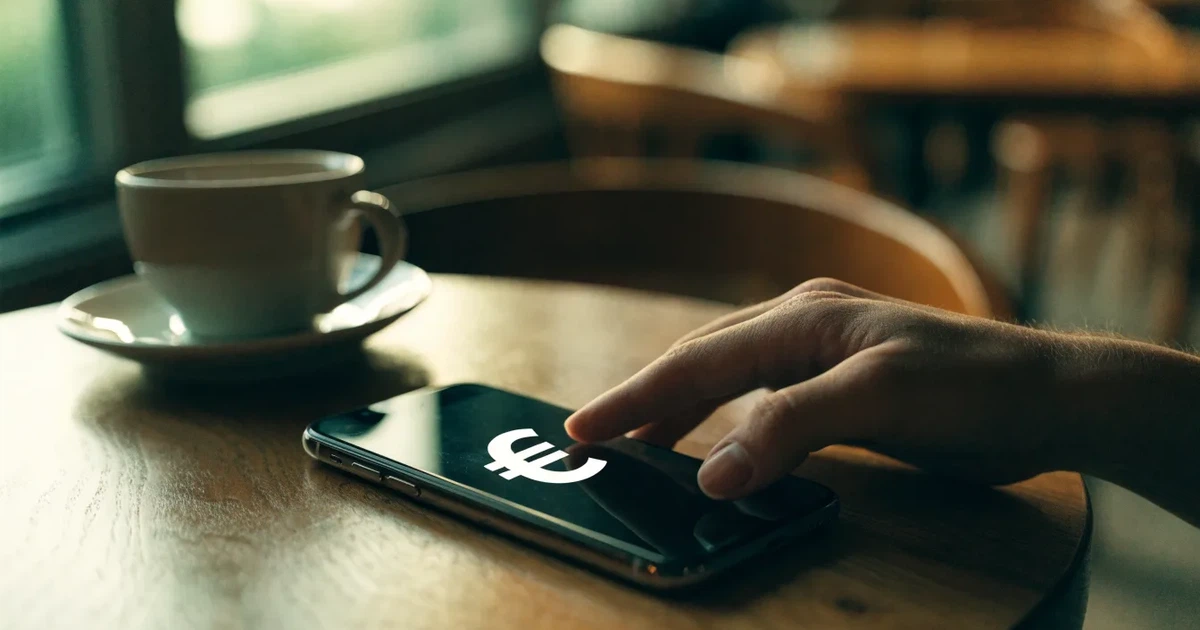 Eine Hand hält ein Smartphone dicht an ein Kartenlesegerät ohne erkennbare Beschriftung in einem Café.