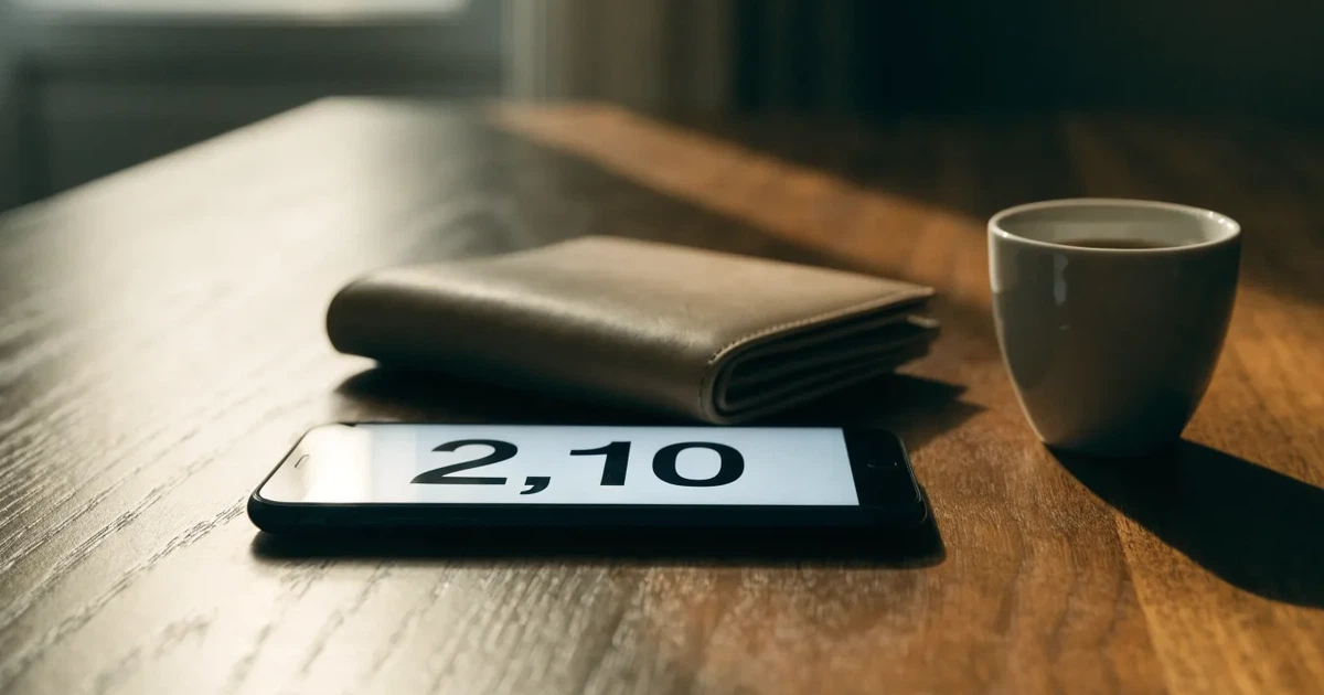 Ein Smartphone mit dunklem Display liegt auf einem Tisch neben einer Geldbörse und einer Tasse Kaffee.
