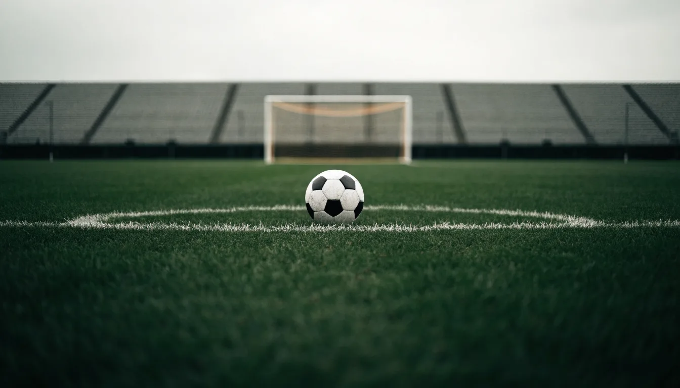 Ein Fußball liegt auf dem Anstoßpunkt eines leeren Rasenplatzes, im Hintergrund eine ruhige Tribüne unter bedecktem Himmel.