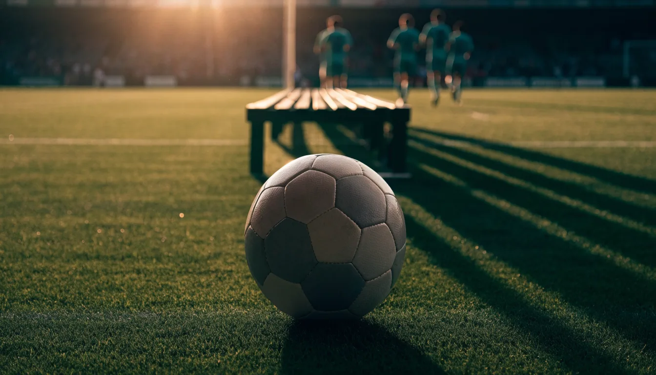 Ein Fußball auf einem Rasenplatz im Gegenlicht der tiefstehenden Sonne, am Spielfeldrand eine leere Ersatzbank.