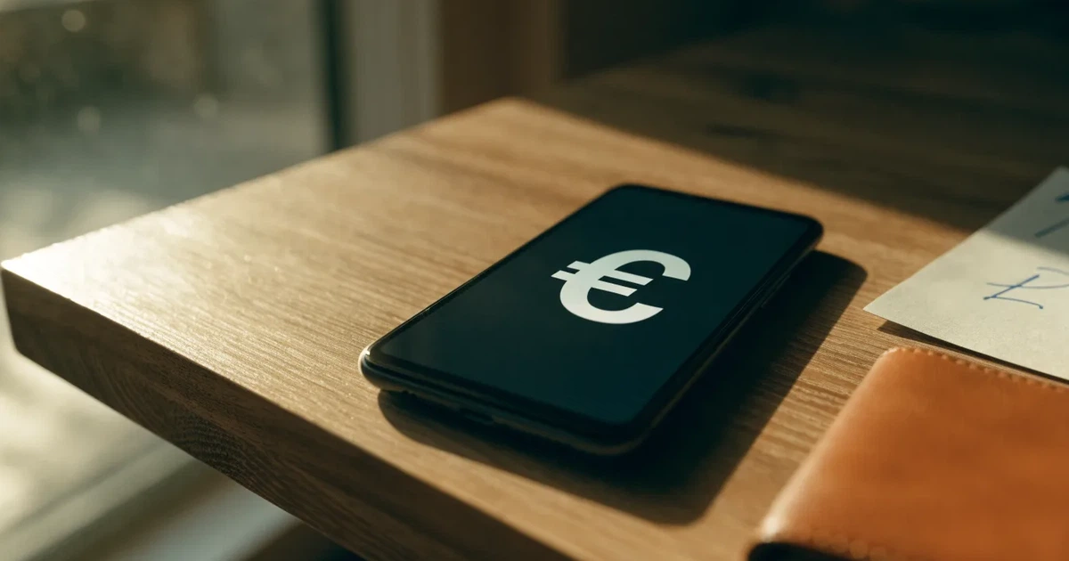 Ein Smartphone mit dunklem Bildschirm liegt neben einer Geldbörse und wenigen Münzen auf einem Holztisch im weichen Fensterlicht.