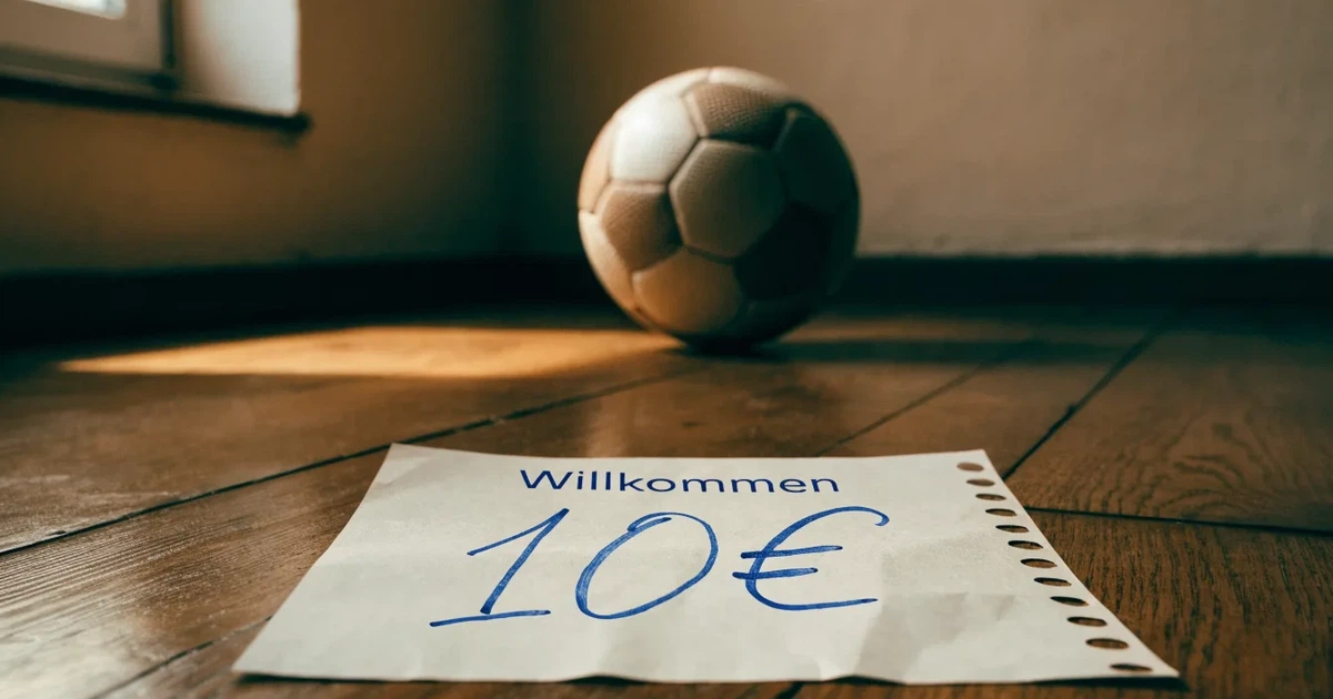 Ein Geschenkband liegt neben einem Fußball auf einem Holzboden, gedämpftes Licht fällt von einem Fenster herein.