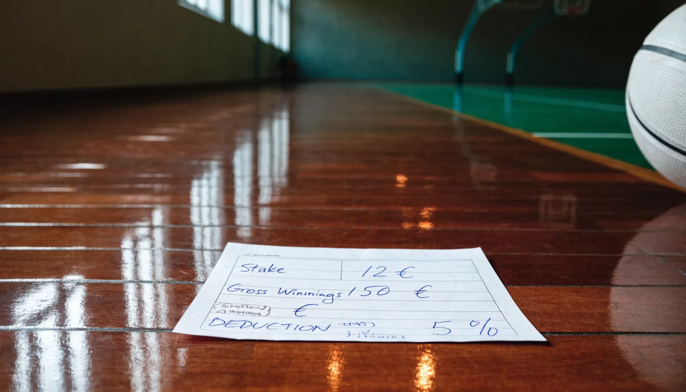Ein Basketballfeld in einer leeren Halle, das Parkett spiegelt das Licht der Deckenlampen.