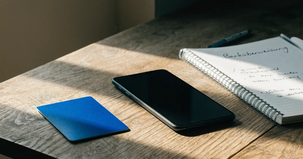 Eine Plastikkarte ohne Aufdruck liegt auf einem Holztisch neben einem Smartphone mit dunklem Bildschirm und einem Notizbuch.