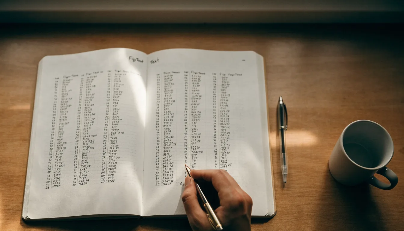 Ein Taschenrechner und ein Notizbuch mit handschriftlichen Zahlenreihen auf einem Schreibtisch neben einem Kugelschreiber.