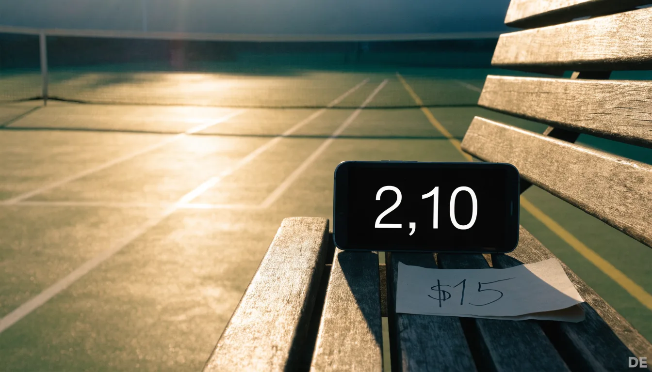 Ein Tennisplatz bei Sonnenaufgang, Netz und Linien im Streiflicht, ohne Menschen.
