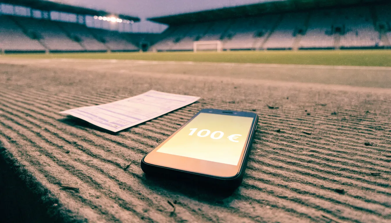 Ein leeres Stadion mit hell erleuchteten Rängen in der Abenddämmerung, von einem Hügel aus fotografiert.