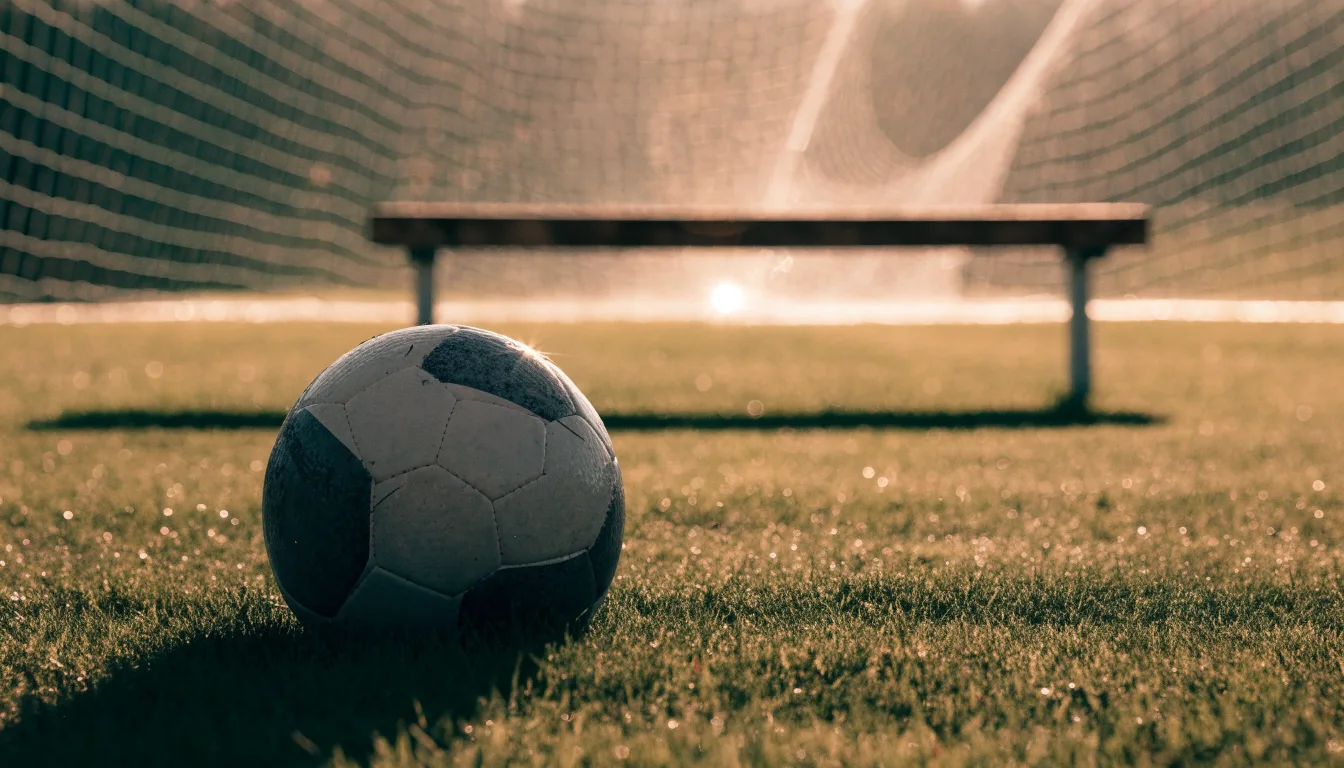 Ein Fußball liegt im Gras am Spielfeldrand, dahinter eine leere Bank und ein Tor im Gegenlicht.