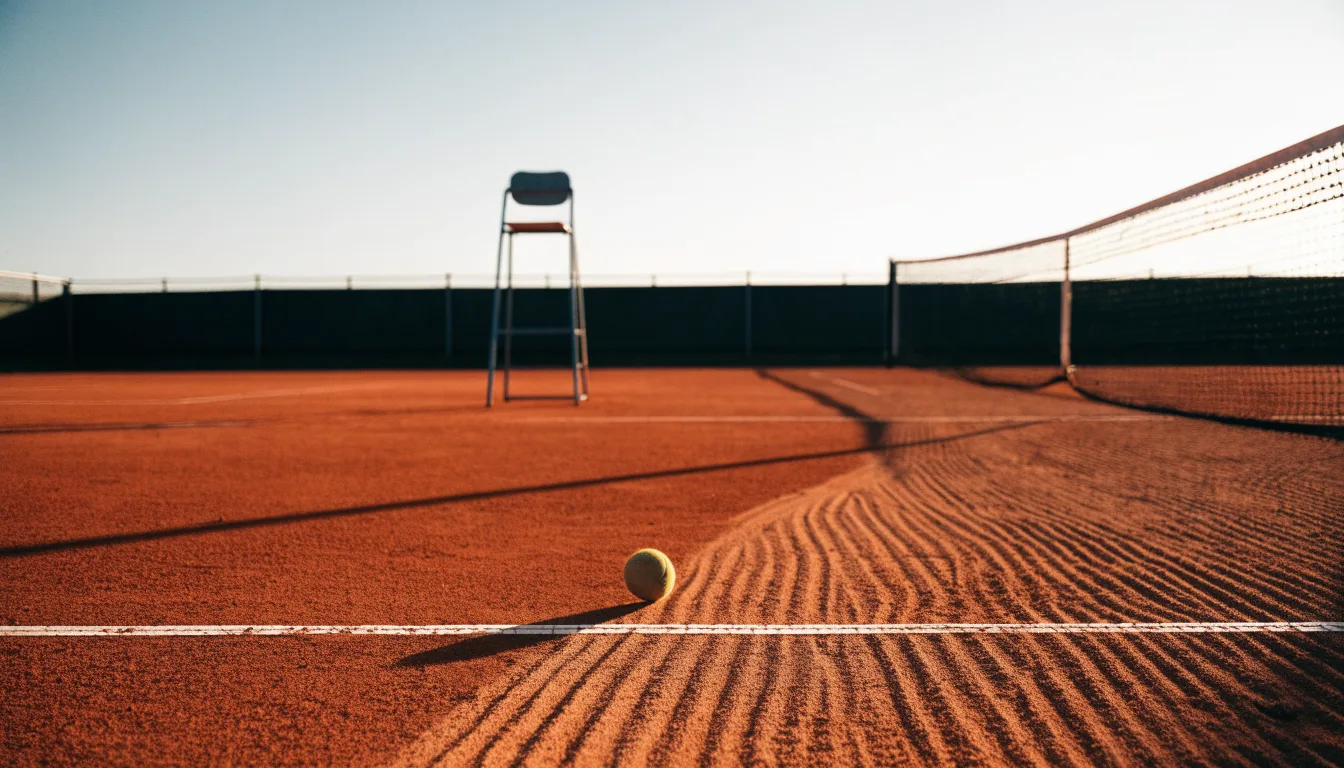 Ein Tennisball liegt auf einem roten Sandplatz bei Sonnenaufgang, im Hintergrund ein leerer Schiedsrichterstuhl.