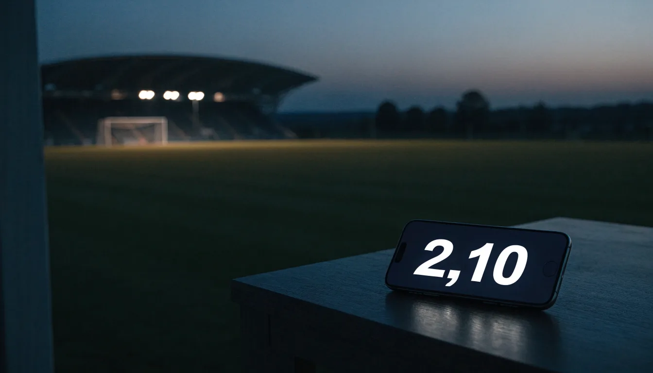 Ein Stadion unter Flutlicht aus der Ferne, davor ein stilles Feld im Dämmerlicht.
