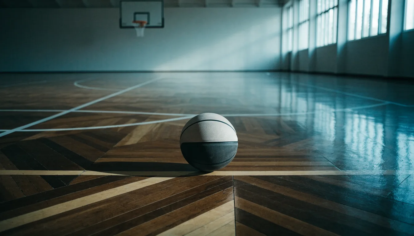 Ein Basketball liegt auf dem Parkett einer leeren Halle, Licht fällt durch hohe Fenster.