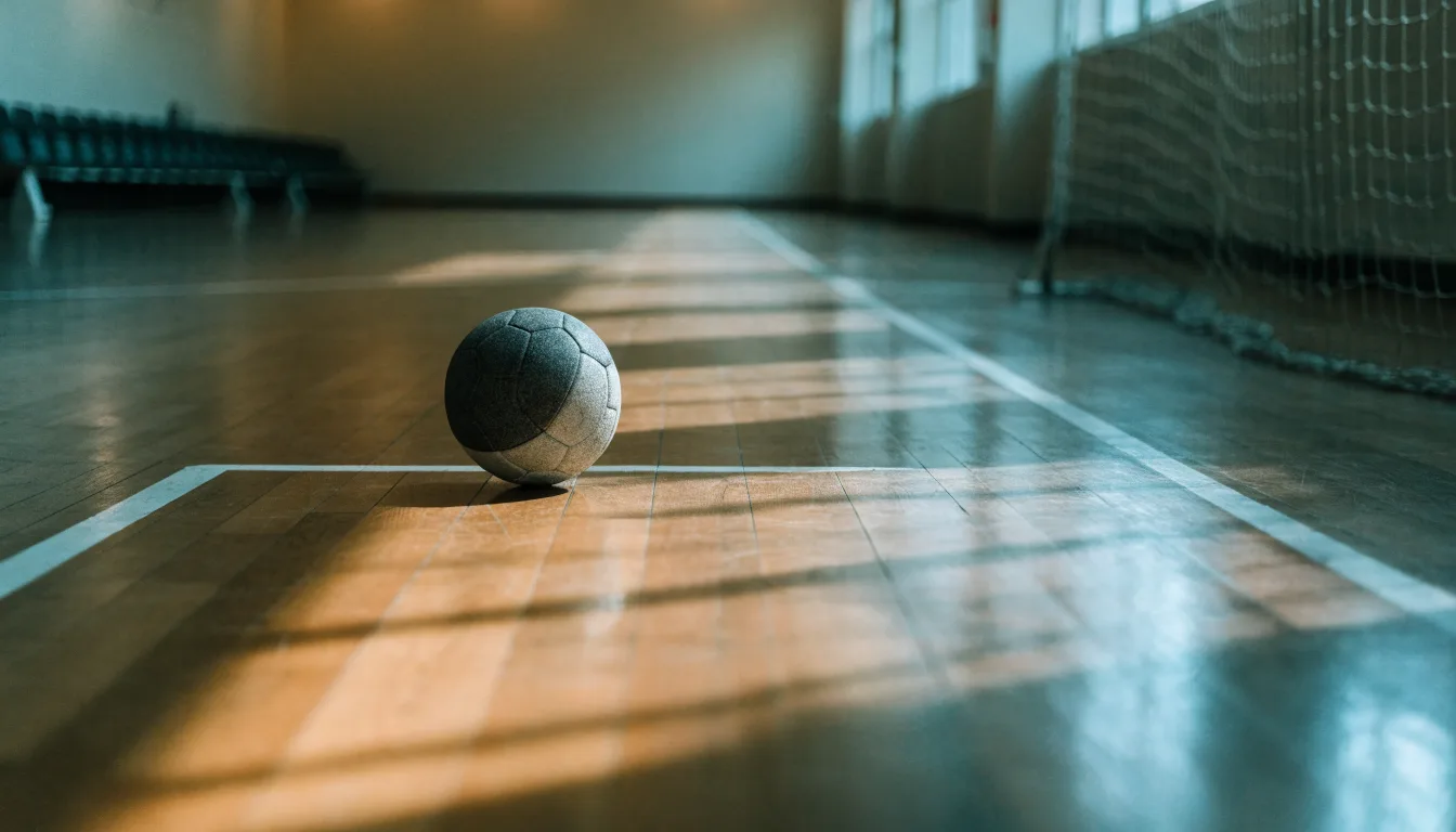 Ein Handball liegt in einer leeren Halle auf dem Boden vor dem Tor.