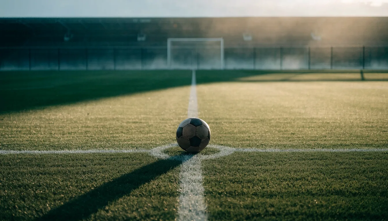 Ein Fußball liegt auf dem Anstoßkreis eines leeren Rasenplatzes im frühen Morgenlicht.
