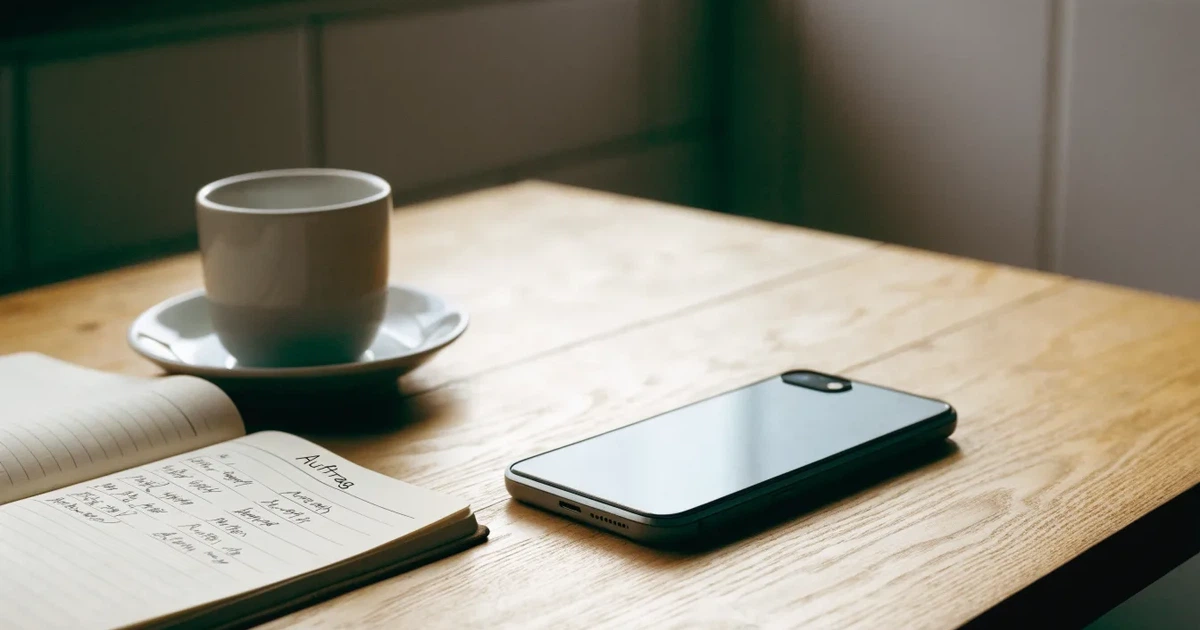 Ein Smartphone mit dunklem Display liegt neben einer Kaffeetasse und einem Notizbuch auf einem Küchentisch.