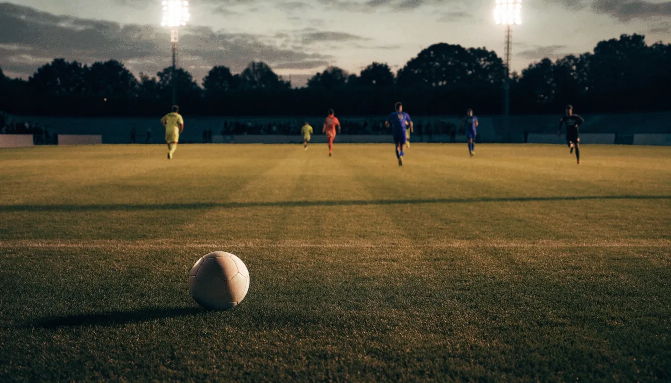 Ein Fußball auf einem Rasenplatz, im Hintergrund Flutlichtmasten und ein bewölkter Himmel.
